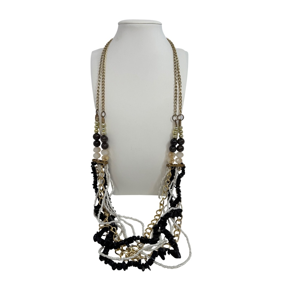 Multi Strand Beaded Chain Necklace Black White Gold Tone Statement Boho Festival